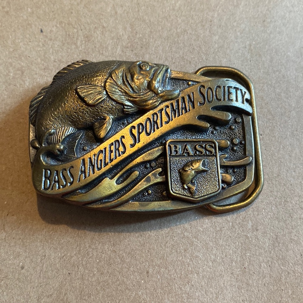 Bass Anglers Sportsman Society belt buckle fish on brass